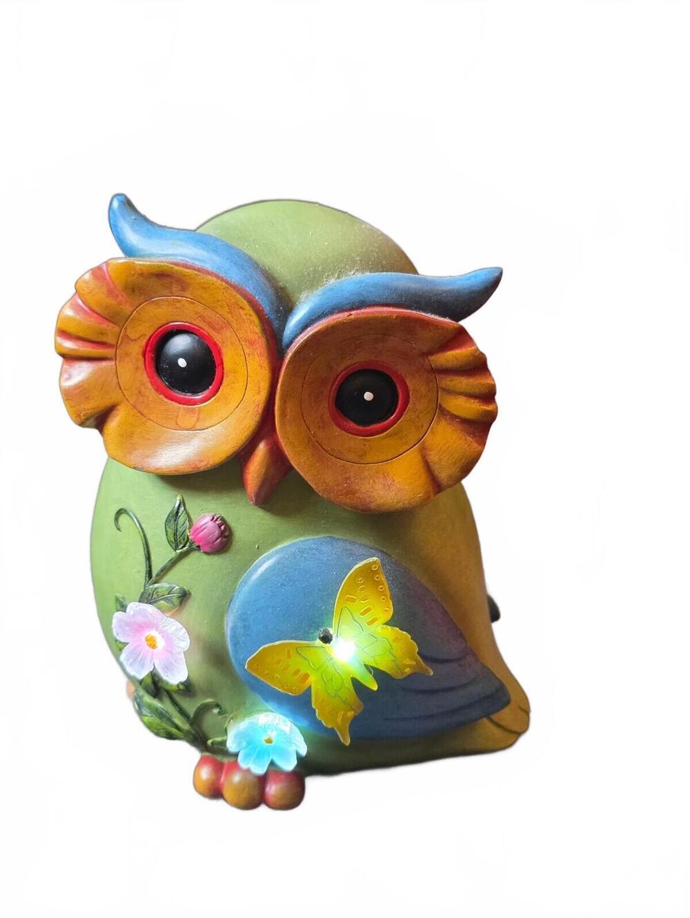 Colorful Garden Owl Figurine Light Up LED Butterfly Accent Tabletop Decor 8"